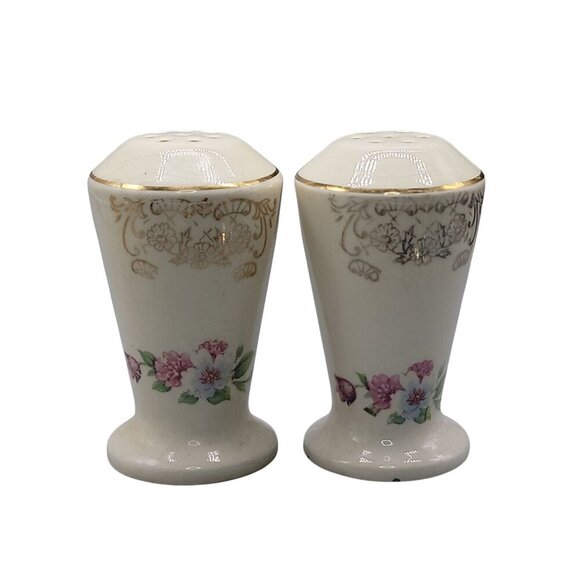 China Porcelain Floral Salt & Pepper Shaker Gold Trim Vintage 1930s Set of 2 - Picture 1 of 13